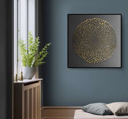 Постер - Золотой круг из точек, 40 x 40 см, Холст на подрамнике, Абстракция
