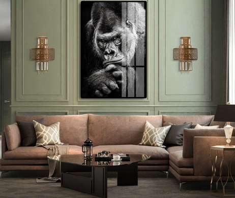 Постер, Черно -белая горилла, 60 x 90 см, Постер на Стекле в раме, Животные