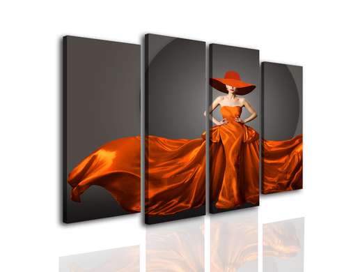 Modular picture, Lady in a silk red dress and hat, 106 x 60, 106 x 60
