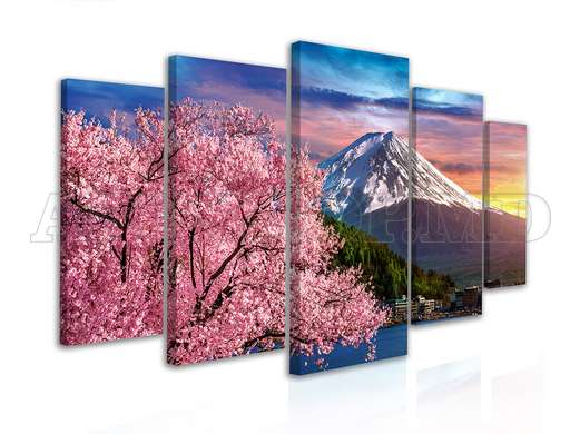 Modular picture, The mountain and pink sakura, 108 х 60