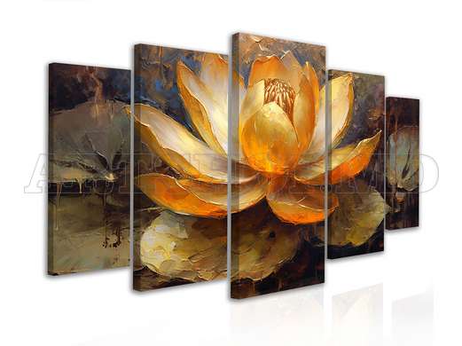 Modular picture, Golden lotus painted in oil, 206 x 115