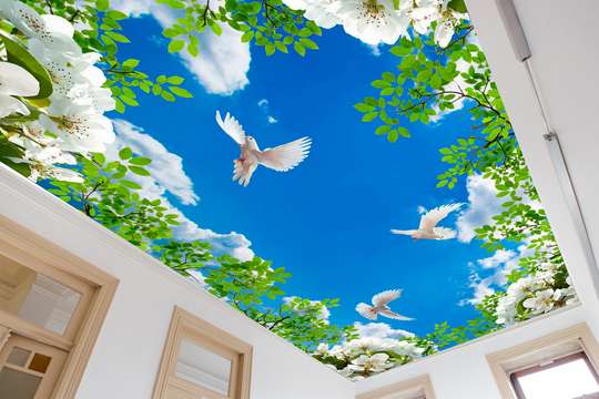 Wall Mural - Blue sky with green leaf frame