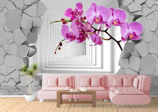 3D Wallpaper - Purple orchid on the background of a broken wall leading to the tunnel