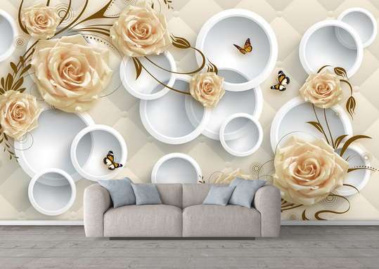 3D Wallpaper - Peach roses on a background of white circles.