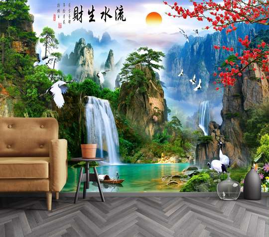 Wall Mural - Chinese mountain landscape with a lake and a boat