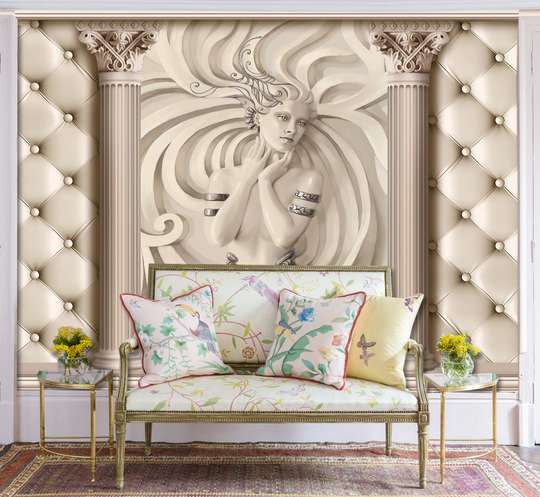3D Wallpaper - Gypsum girl with columns in beige color