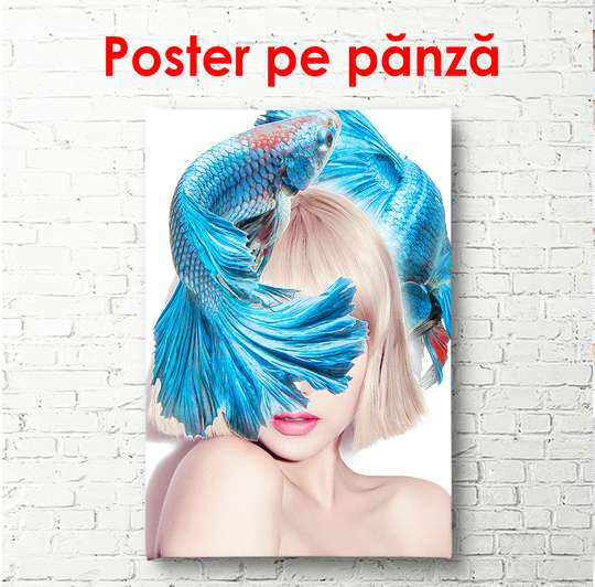 Постер - Девушка с синими рыбками на голове, 60 x 90 см, Постер в раме