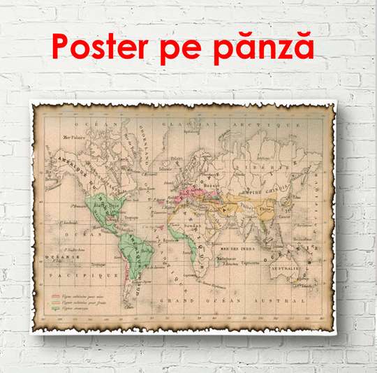 Постер - Карта мира в старином стиле, 45 x 30 см, Холст на подрамнике