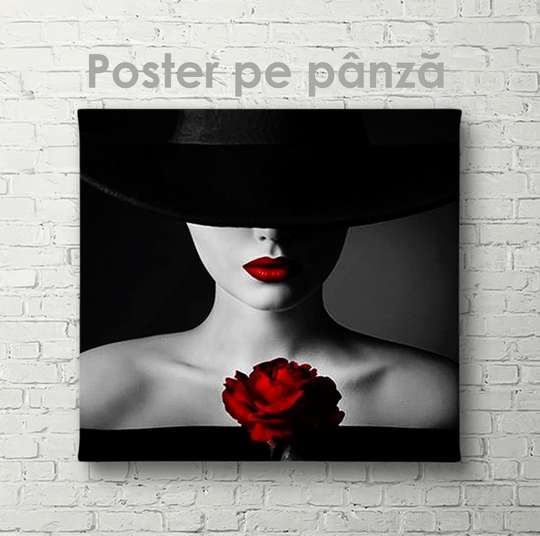 Poster - Doamnă cu trandafir, 40 x 40 см, Panza pe cadru