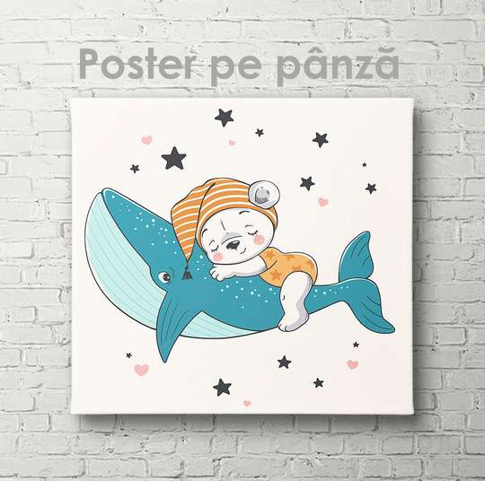 Poster - Cute bear cub on a whale, 40 x 40 см, Canvas on frame