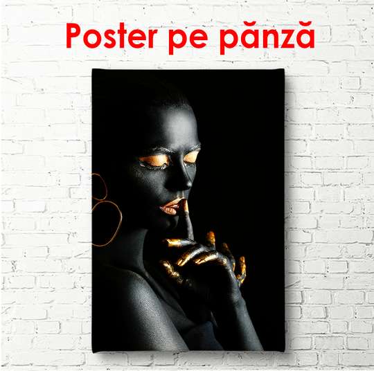 Poster - Fată neagră cu machiaj auriu, 30 x 60 см, Panza pe cadru, Glamour