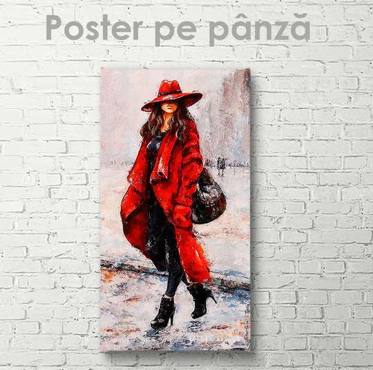 Постер - Девушка в красном пальто, 30 x 60 см, Холст на подрамнике