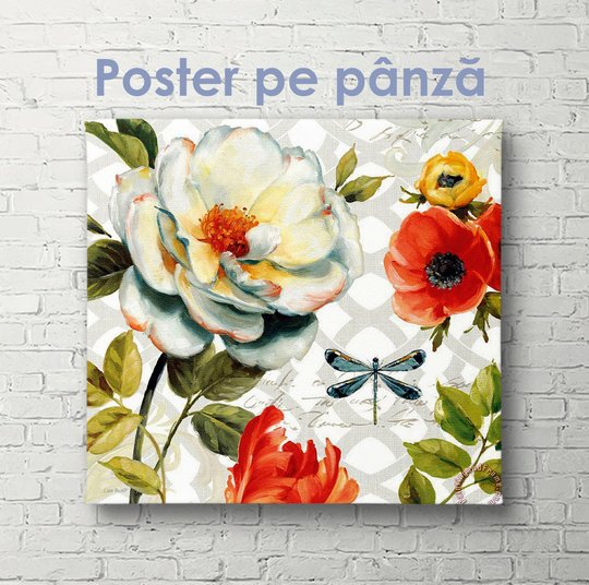 Poster, Compoziție strălucitoare de flori și fluturi, 40 x 40 см, Panza pe cadru