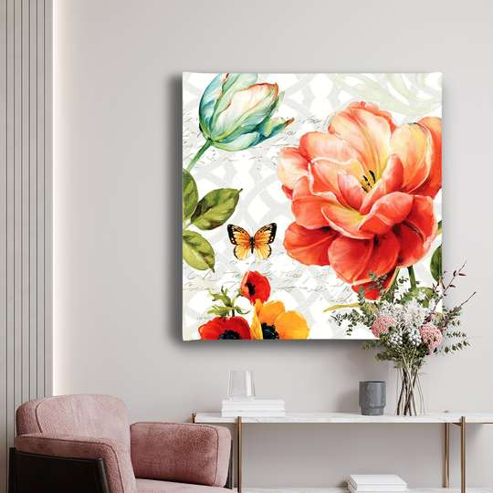 Постер - Яркая композиция цветка и бабочки, 40 x 40 см, Холст на подрамнике, Прованс
