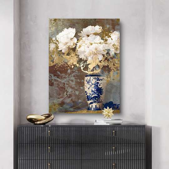 Poster - Bujori albi în vază albastră, 30 x 45 см, Panza pe cadru, Natură Moartă