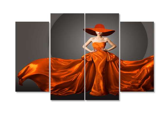 Tablou Pe Panza Multicanvas, Doamnă într-o rochie și pălărie roșie de mătase, 106 x 60, 106 x 60