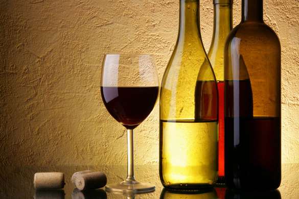 Poster - Glass and bottles of wine on a yellow background, 90 x 60 см, Framed poster, Food and Drinks