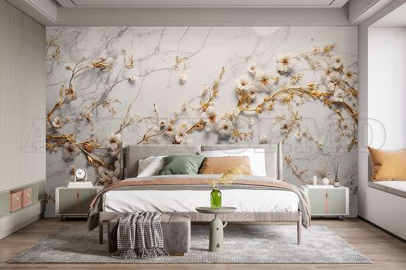 3D Photo Wallpaper- White flowers with golden branches on a marble background