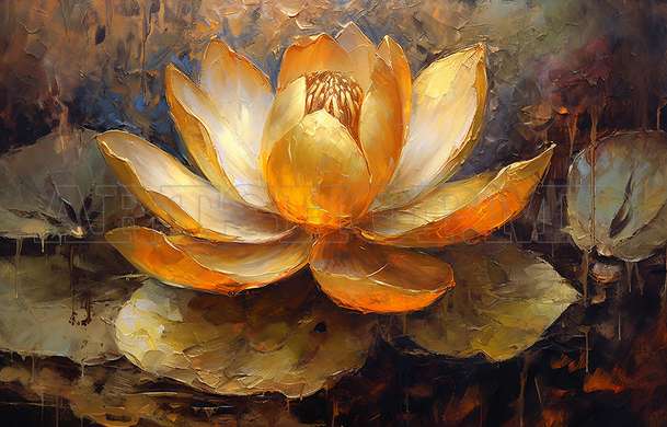 Modular picture, Golden lotus painted in oil, 206 x 115