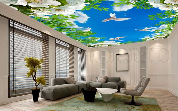 Wall Mural - Blue sky with green leaf frame