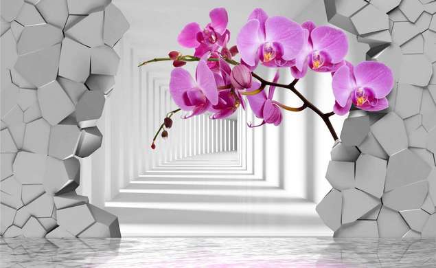 3Д Фотообои - Фиолетовая орхидея на фоне сломанной стены, ведущей в тоннель