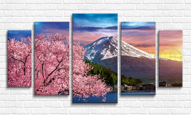 Modular picture, The mountain and pink sakura, 206 x 115