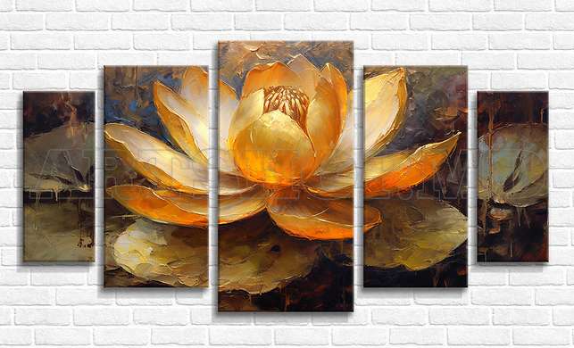 Modular picture, Golden lotus painted in oil, 206 x 115