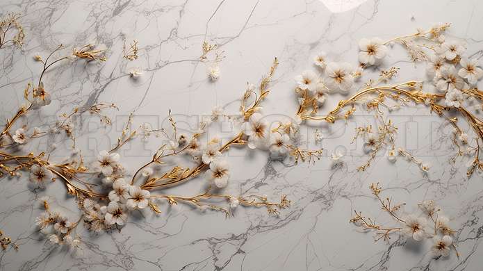 3D Photo Wallpaper- White flowers with golden branches on a marble background