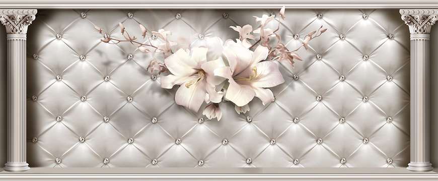 3D Wallpaper - White lily flowers made of precious stones on the background of Greek columns