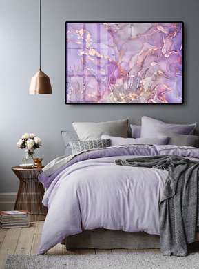 Poster - Fluid violet cu picaturi aurii, 90 x 60 см, Poster inramat pe sticla