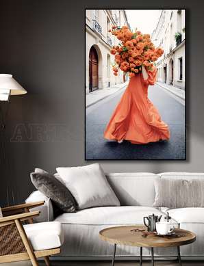 Poster - Girl in orange dress with a bouquet of flowers, 30 x 60 см, Framed poster, Glamour