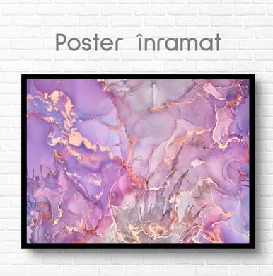 Poster - Violet fluid with golden drops, 90 x 60 см, Framed poster on glass