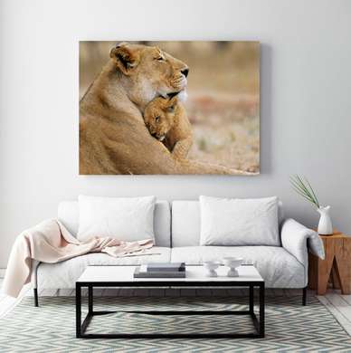 Poster, Lion cub with mom, 45 x 30 см, Canvas on frame