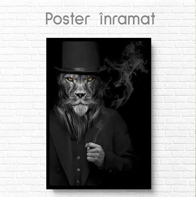 Poster, Glamorous lion with a hat and a pipe, 60 x 90 см, Framed poster on glass