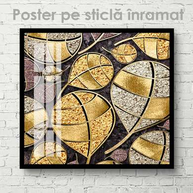 Постер - Золотые абстрактные листья, 100 x 100 см, Постер на Стекле в раме, Абстракция