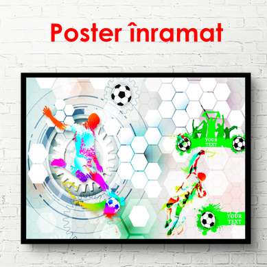 Poster - Fotbalistul abstract cu minge pe un fundal gri, 90 x 60 см, Poster înrămat, Sport