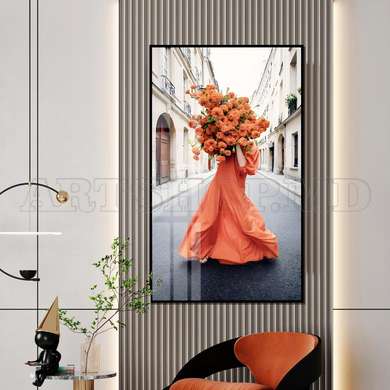 Poster - Fata in rochie portocalie cu un buchet de flori, 45 x 90 см, Poster inramat pe sticla, Glamour