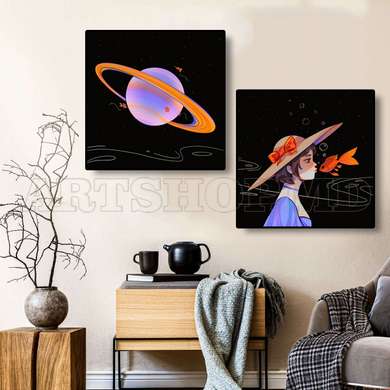Poster - Planetă și o fată cu un pește, 80 x 80 см, Poster inramat pe sticla, Seturi