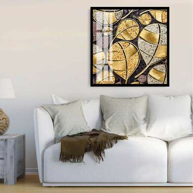 Poster - Frunze abstracte aurii, 100 x 100 см, Poster inramat pe sticla