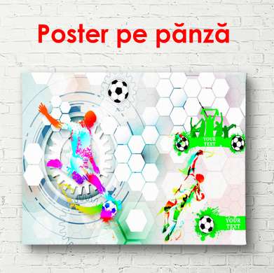 Постер - Абстрактный футболист с мячом сером фоне, 90 x 60 см, Постер в раме, Спорт
