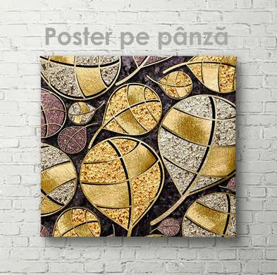 Poster - Golden abstract leaves, 100 x 100 см, Framed poster on glass, Abstract