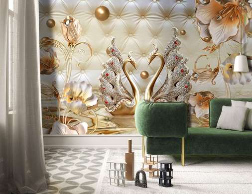Wall Mural - Golden swans and flowers on a leather background