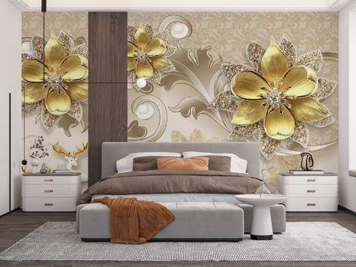 Wall Mural - Gold flowers brooches on an abstract background