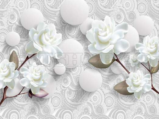 3D Wallpaper - White roses and white balls.