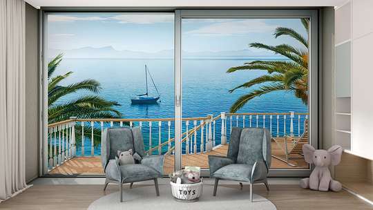 Wall mural - Sea view with palm trees and boat