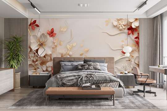 Fototapet 3D- Flori albe si frunze rosii si aurii