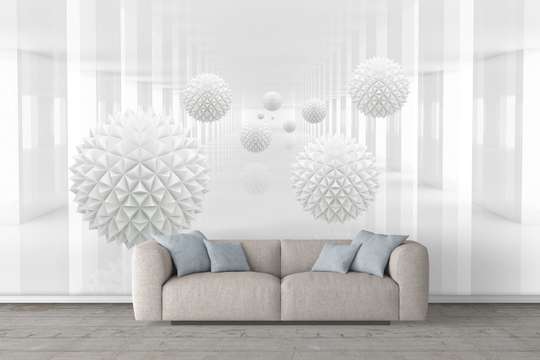 3D Фотообои, Белые колючие шары на фоне белого коридора