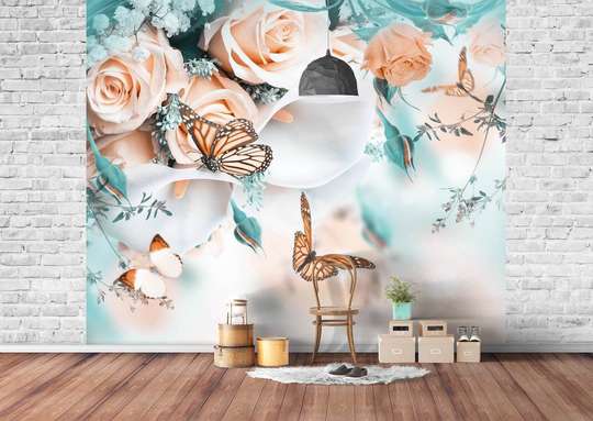 Wall Mural - Butterflies and beige roses
