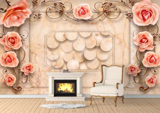 3D Wallpaper - Pink roses with an ornament on a beige background