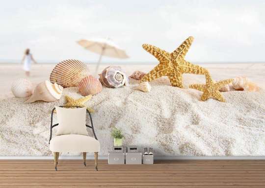 Фотообои - Ракушки и морские звезды на пляже